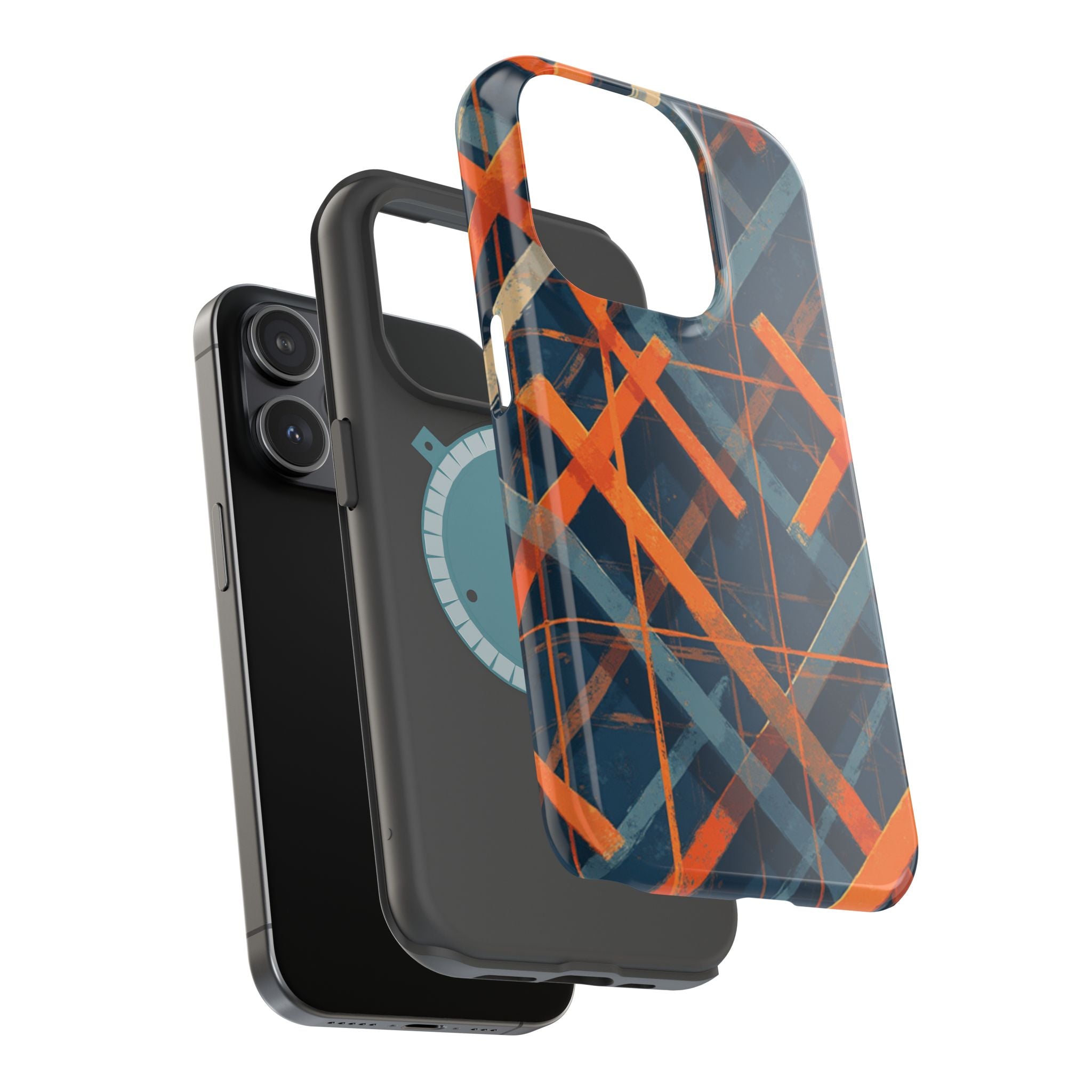 Magnetic Impact-Resistant Phone Case — Geometric Orange & Navy Plaid