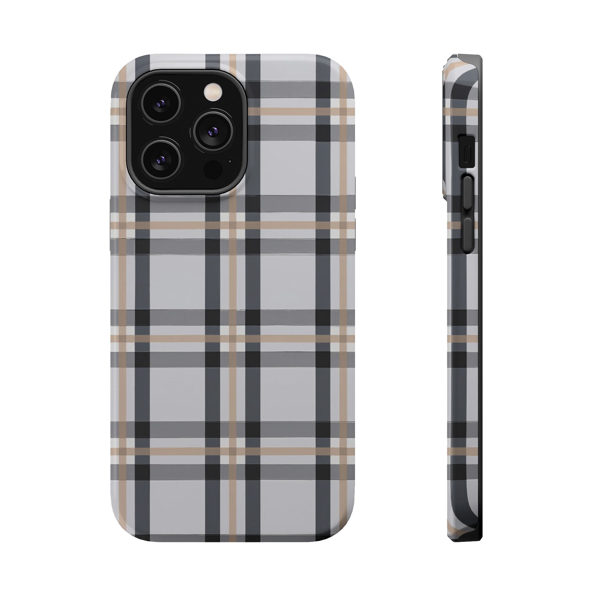Plaid Magnetic Impact-Resistant Phone Case — Grey & Tan Classic Pattern