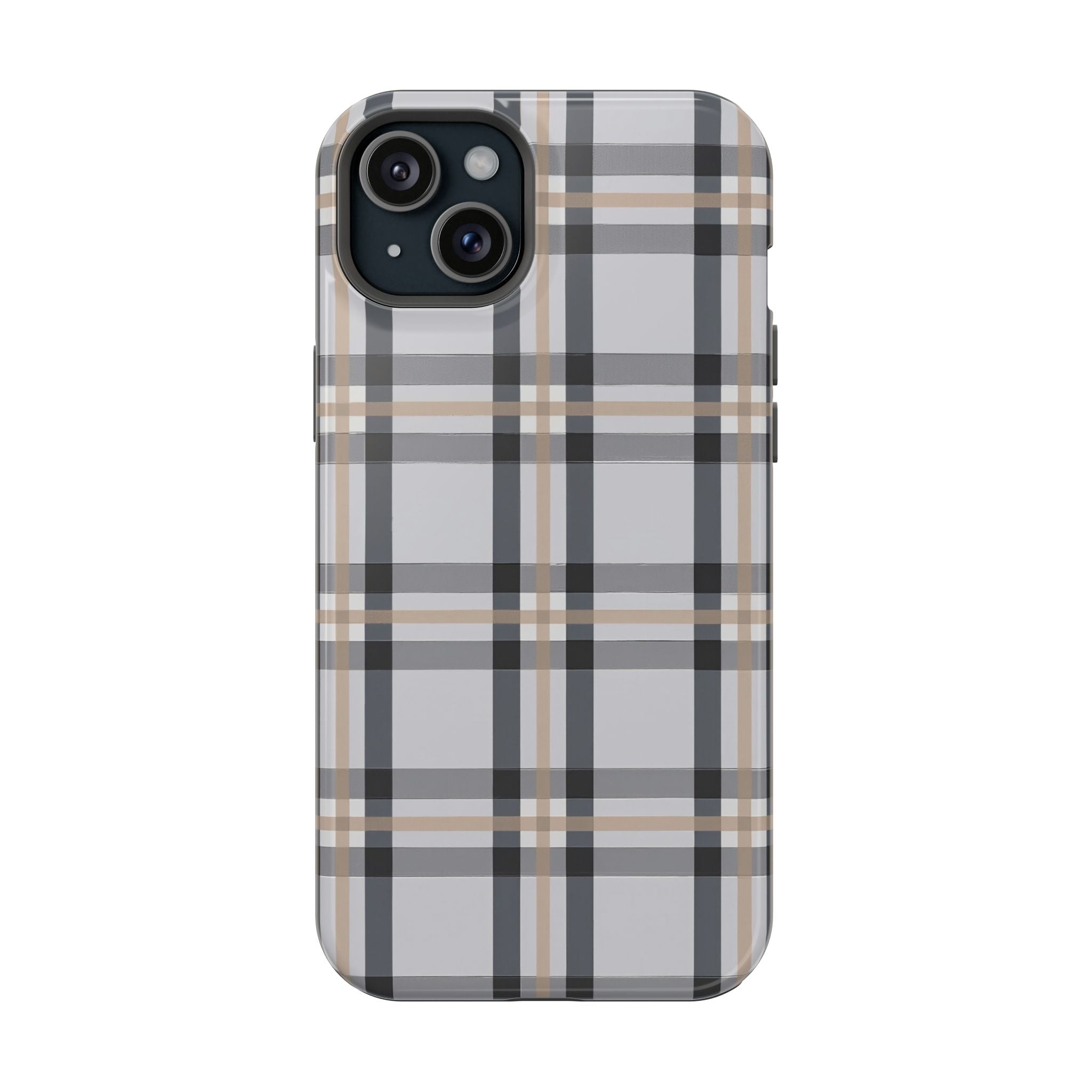 Plaid Magnetic Impact-Resistant Phone Case — Grey & Tan Classic Pattern