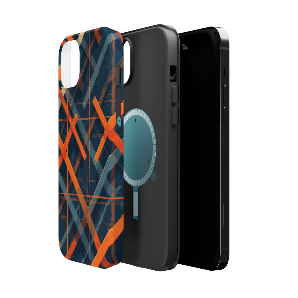 Magnetic Impact-Resistant Phone Case — Geometric Orange & Navy Plaid