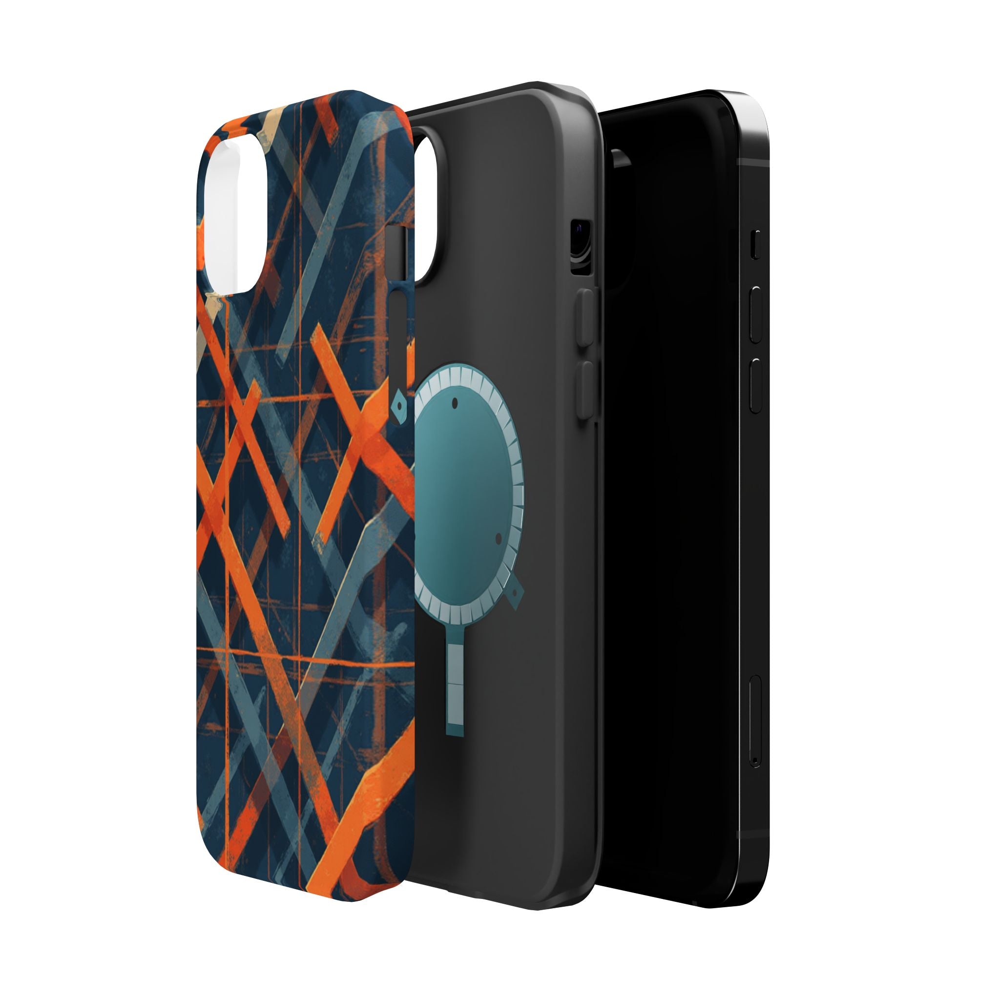 Magnetic Impact-Resistant Phone Case — Geometric Orange & Navy Plaid