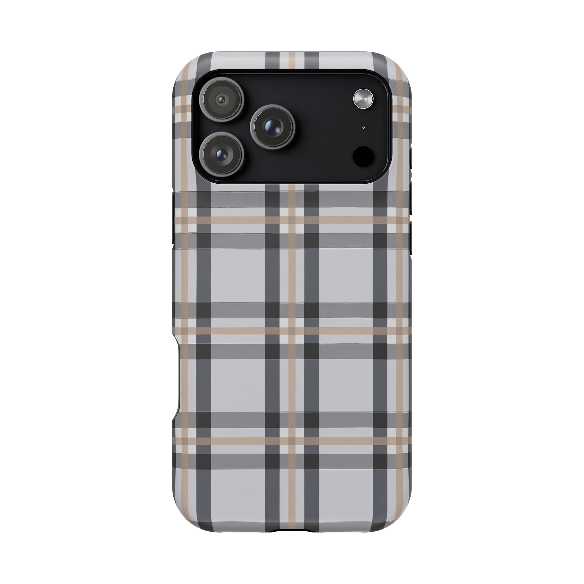 Plaid Magnetic Impact-Resistant Phone Case — Grey & Tan Classic Pattern