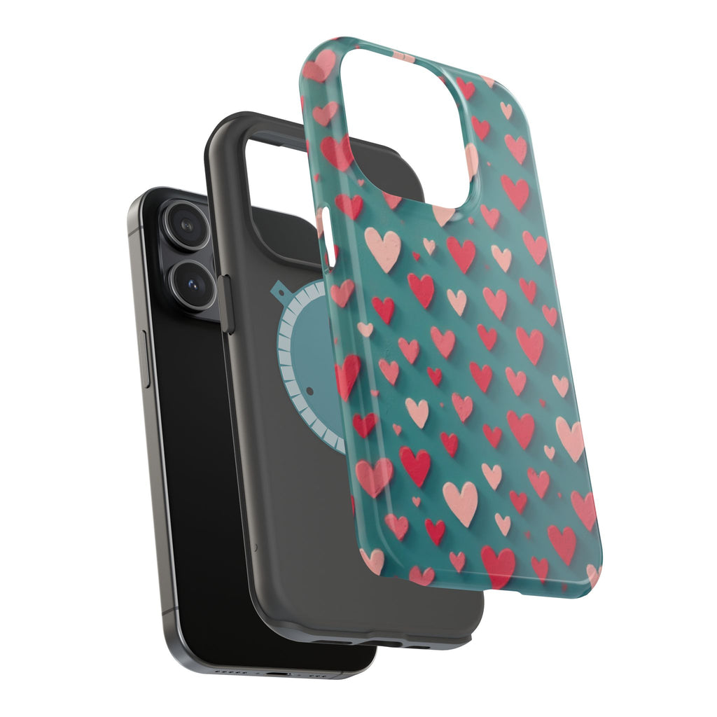 Magnetic Impact-Resistant Phone Case — Teal Love Hearts Pattern
