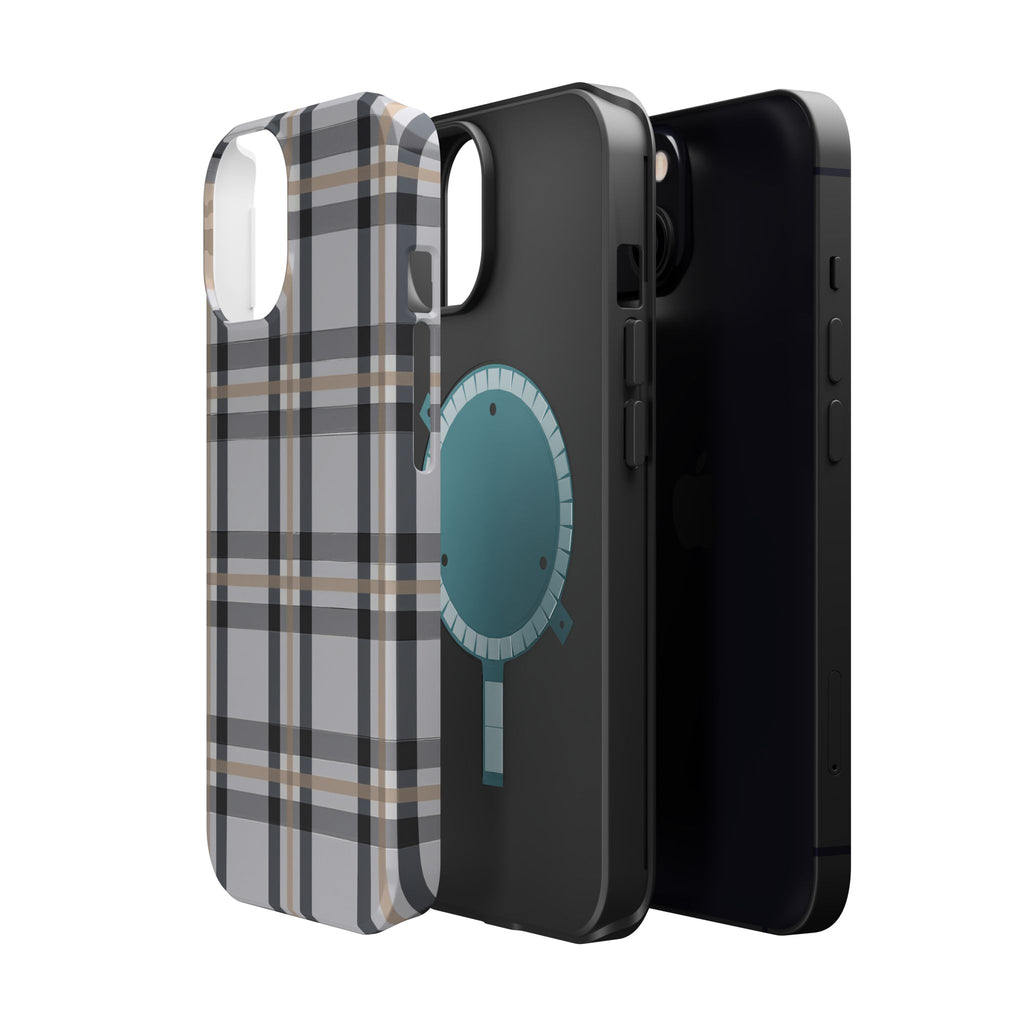 Plaid Magnetic Impact-Resistant Phone Case — Grey & Tan Classic Pattern