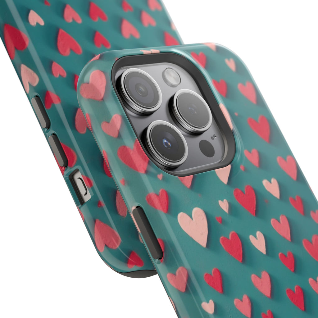 Magnetic Impact-Resistant Phone Case — Teal Love Hearts Pattern
