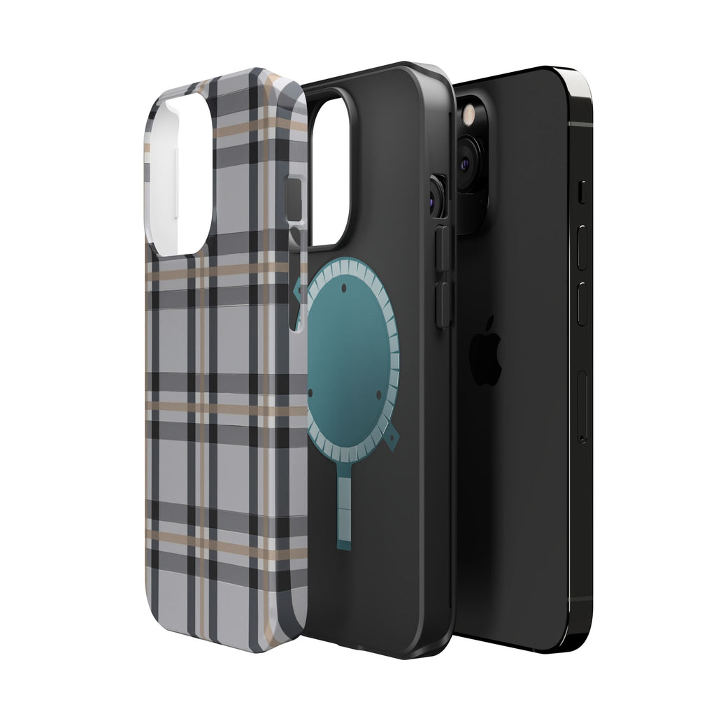 Plaid Magnetic Impact-Resistant Phone Case — Grey & Tan Classic Pattern