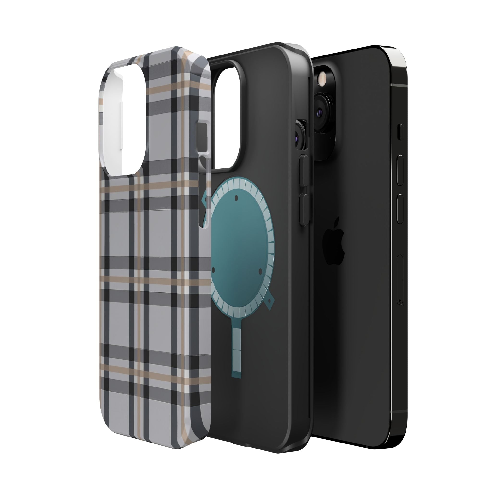 Plaid Magnetic Impact-Resistant Phone Case — Grey & Tan Classic Pattern