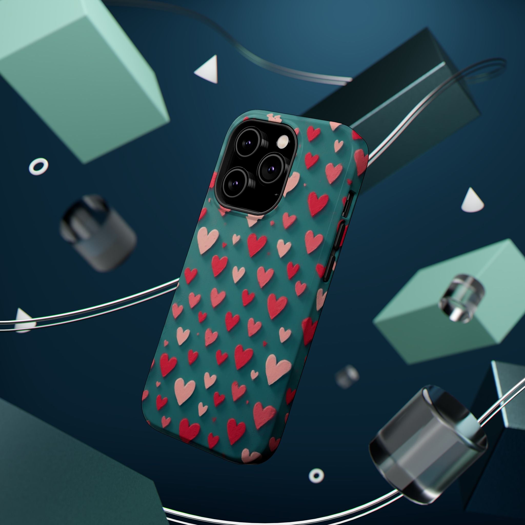 Magnetic Impact-Resistant Phone Case — Teal Love Hearts Pattern
