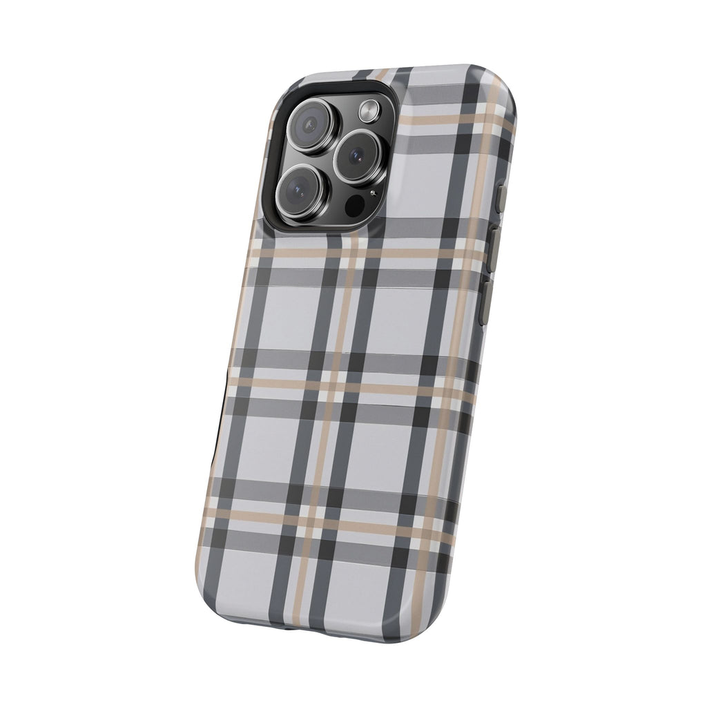 Plaid Magnetic Impact-Resistant Phone Case — Grey & Tan Classic Pattern