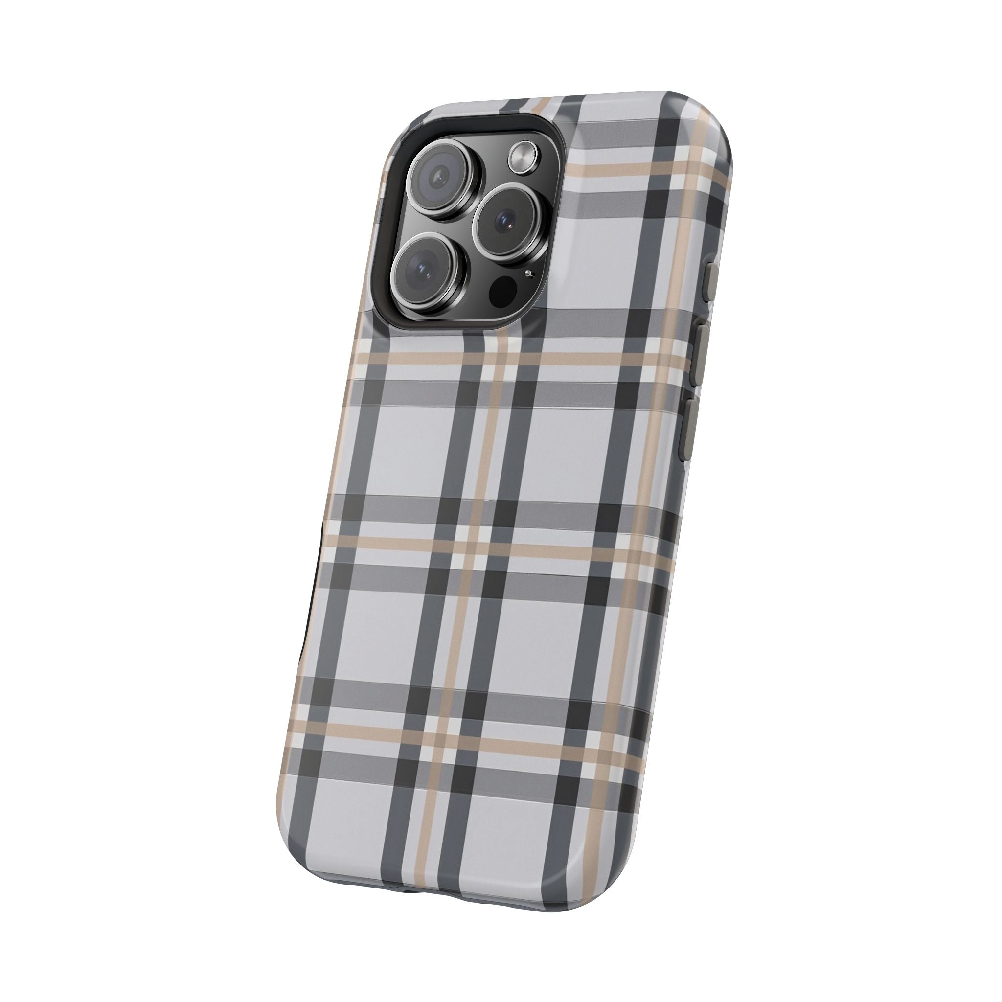 Plaid Magnetic Impact-Resistant Phone Case — Grey & Tan Classic Pattern