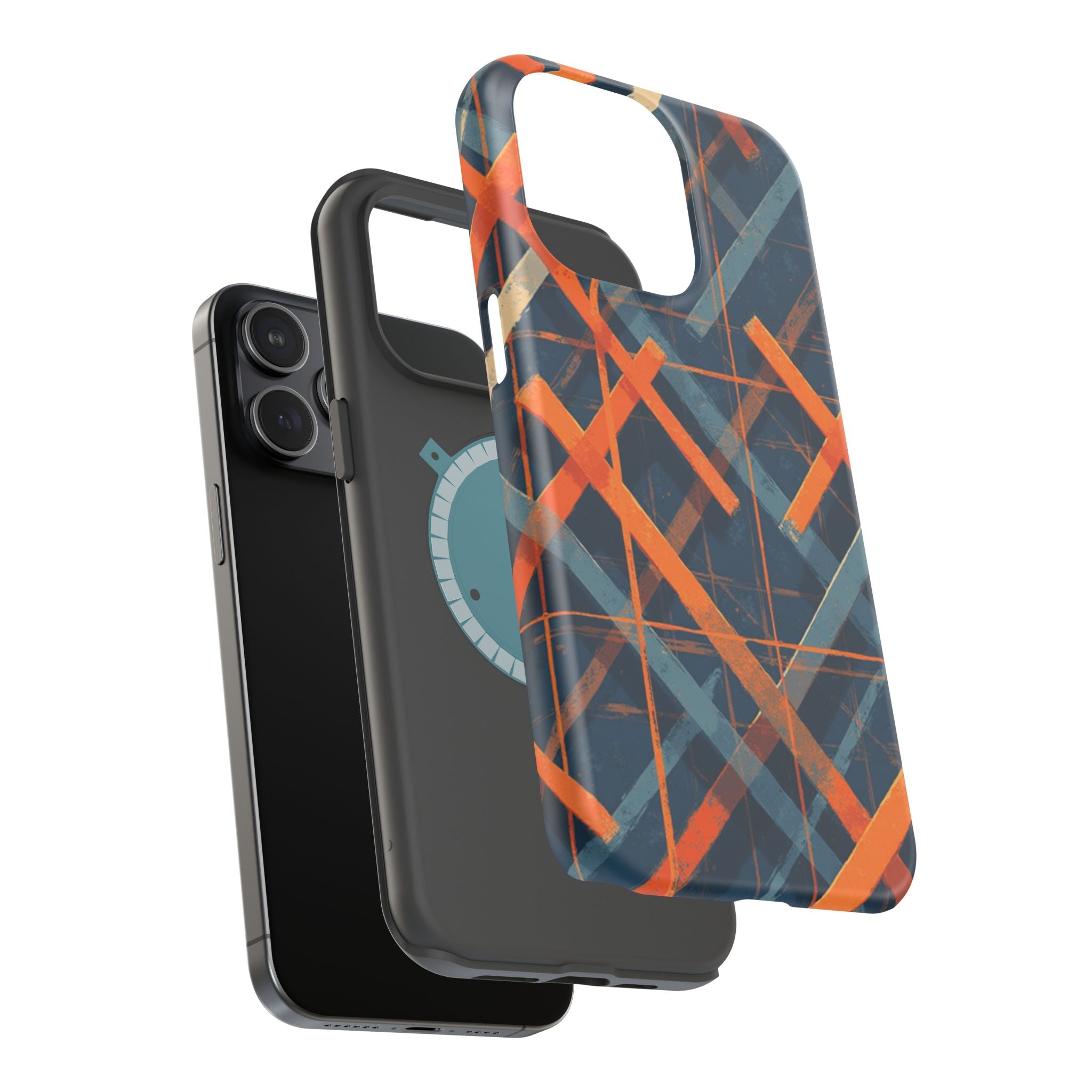 Magnetic Impact-Resistant Phone Case — Geometric Orange & Navy Plaid