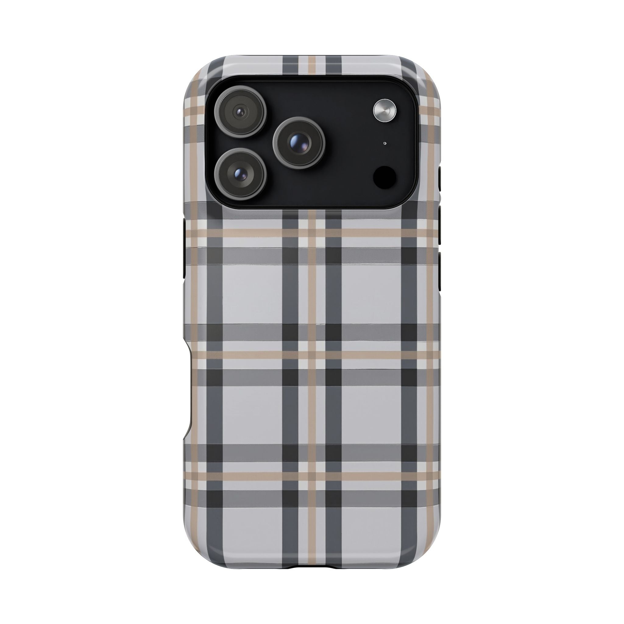 Plaid Magnetic Impact-Resistant Phone Case — Grey & Tan Classic Pattern