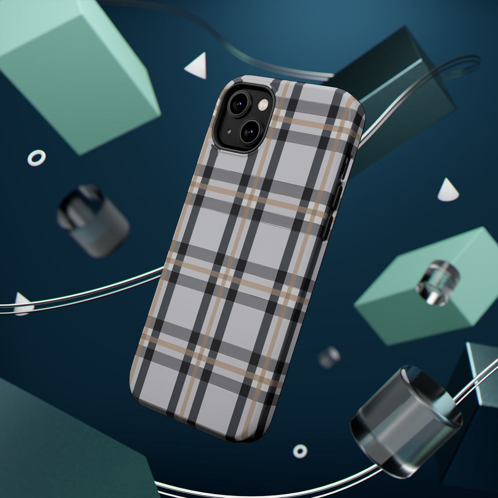 Plaid Magnetic Impact-Resistant Phone Case — Grey & Tan Classic Pattern
