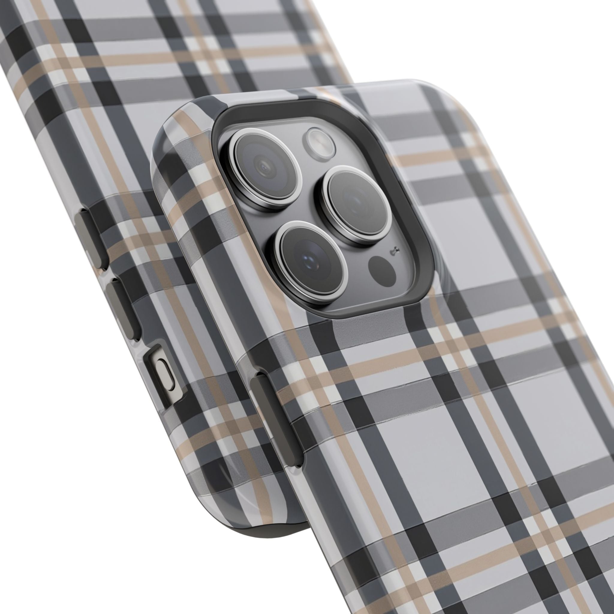 Plaid Magnetic Impact-Resistant Phone Case — Grey & Tan Classic Pattern
