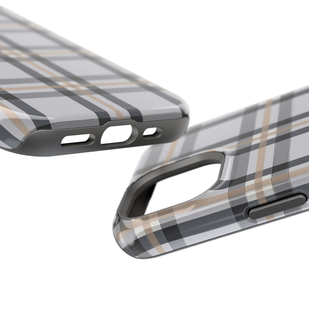 Plaid Magnetic Impact-Resistant Phone Case — Grey & Tan Classic Pattern