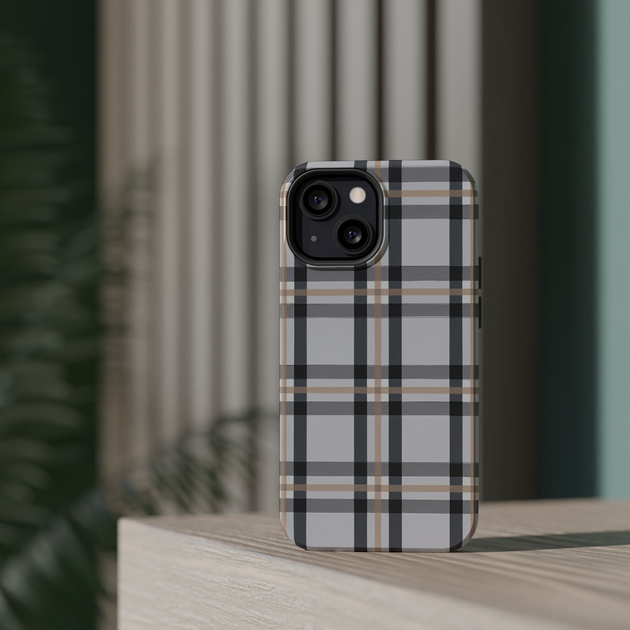 Plaid Magnetic Impact-Resistant Phone Case — Grey & Tan Classic Pattern