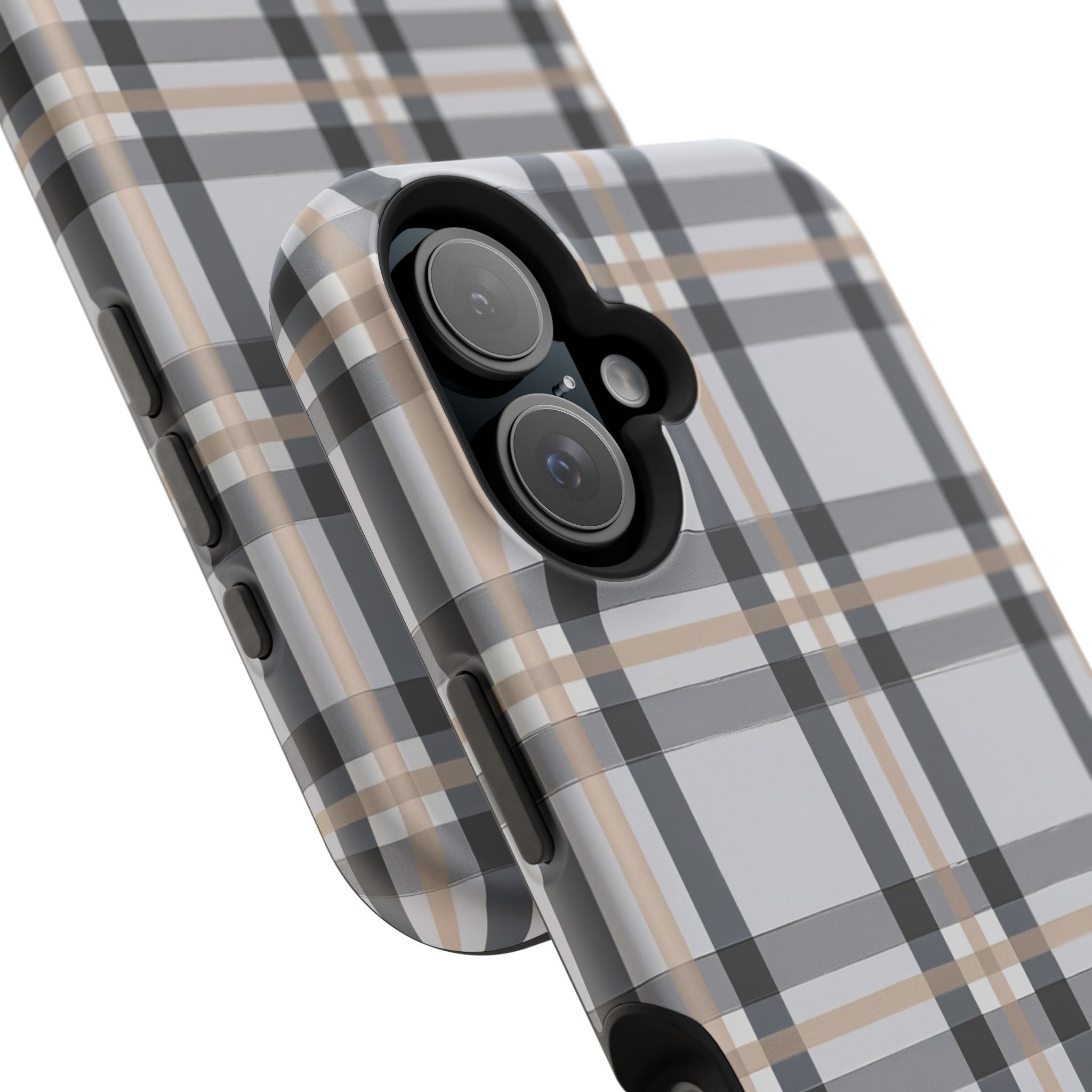 Plaid Magnetic Impact-Resistant Phone Case — Grey & Tan Classic Pattern