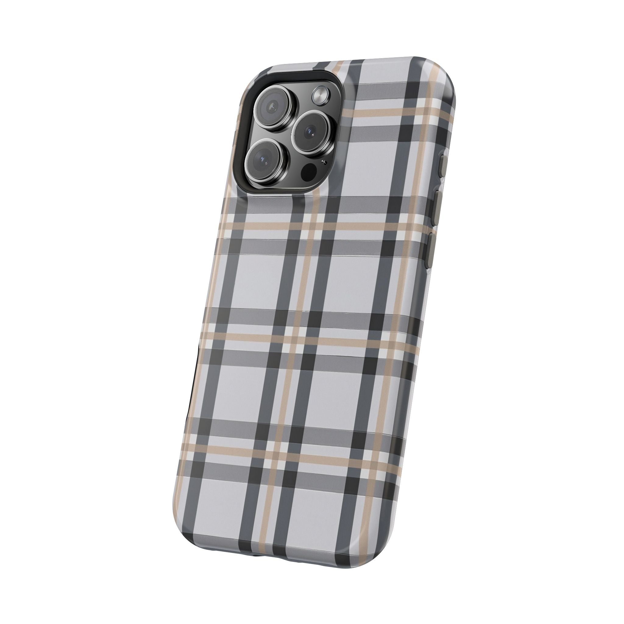 Plaid Magnetic Impact-Resistant Phone Case — Grey & Tan Classic Pattern