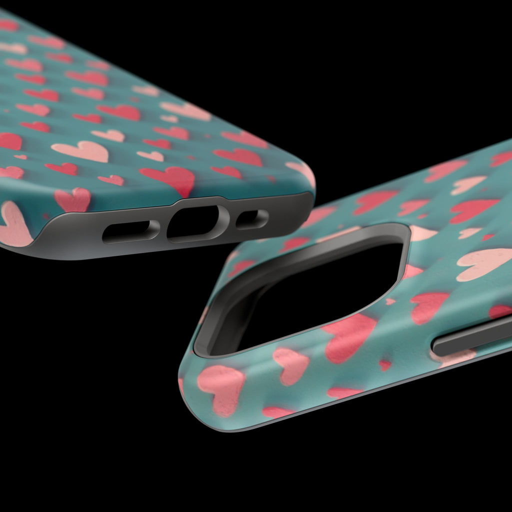 Magnetic Impact-Resistant Phone Case — Teal Love Hearts Pattern