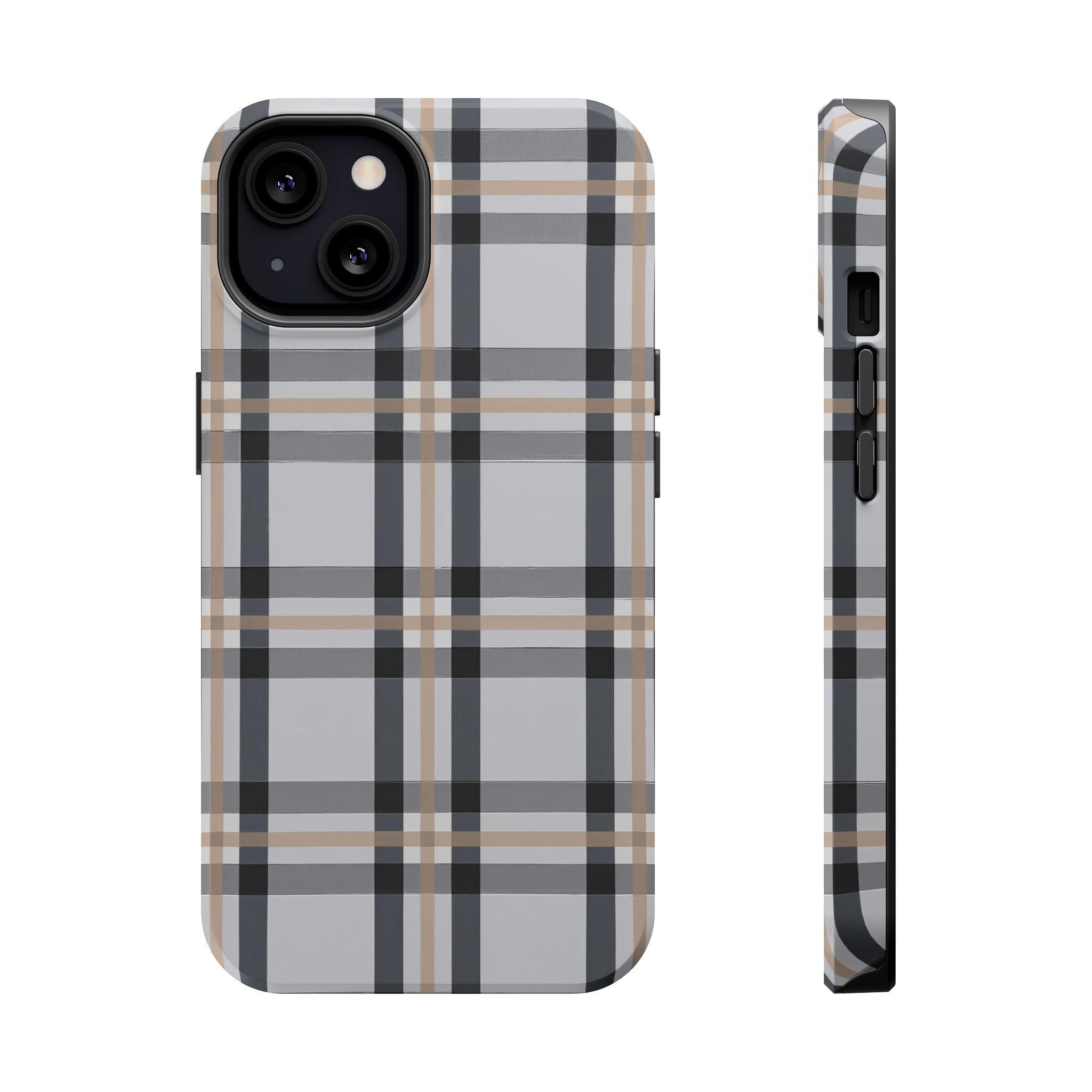 Plaid Magnetic Impact-Resistant Phone Case — Grey & Tan Classic Pattern
