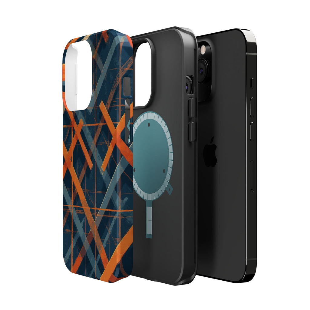 Magnetic Impact-Resistant Phone Case — Geometric Orange & Navy Plaid