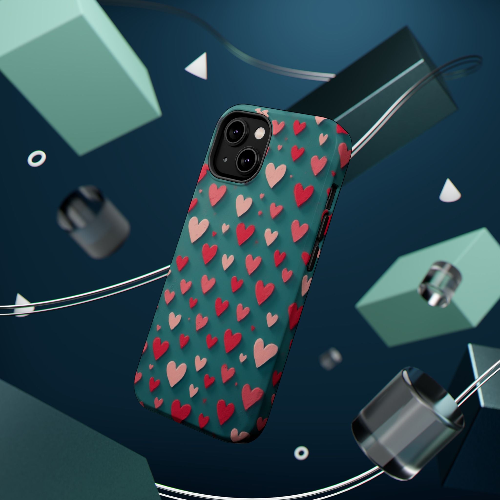 Magnetic Impact-Resistant Phone Case — Teal Love Hearts Pattern