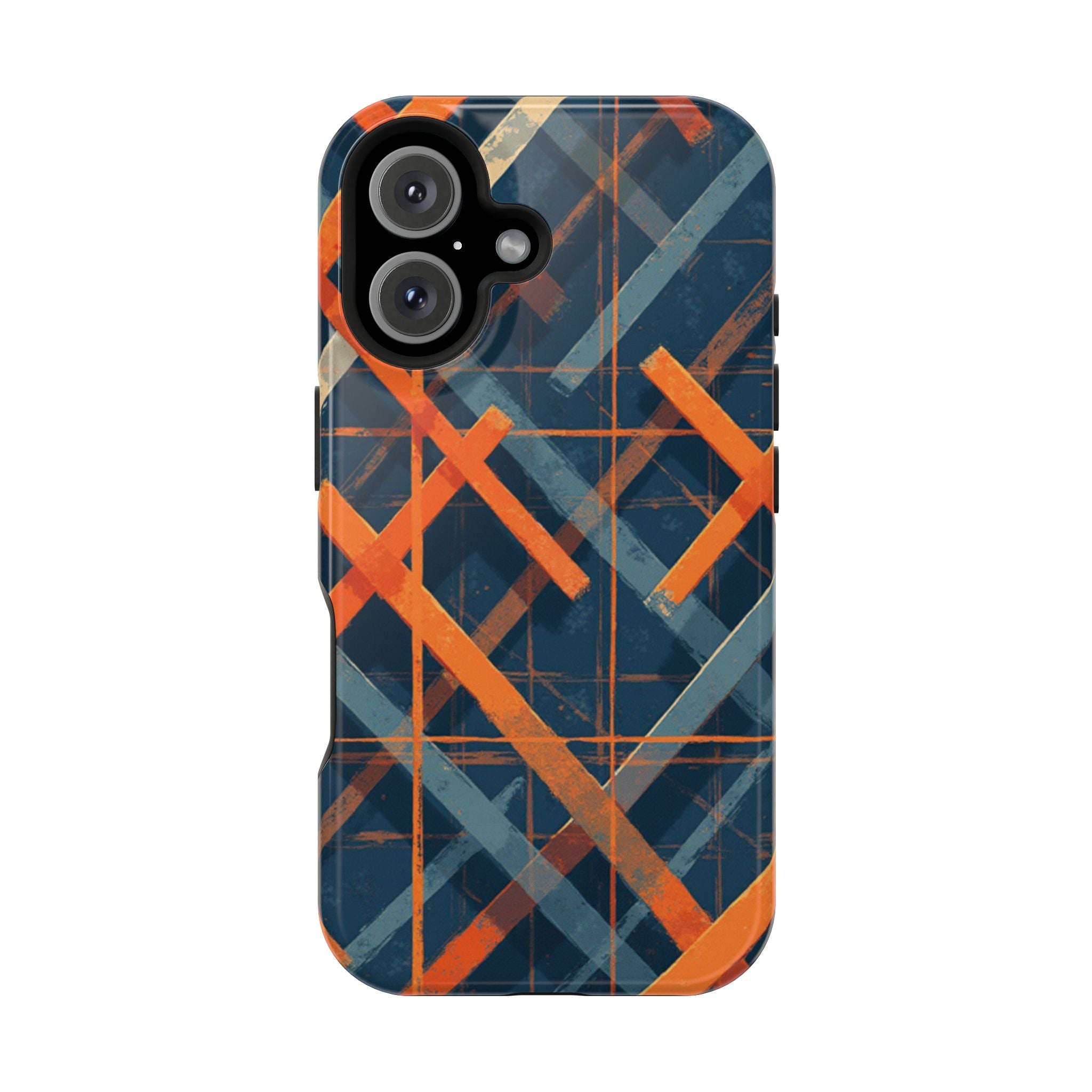 Magnetic Impact-Resistant Phone Case — Geometric Orange & Navy Plaid