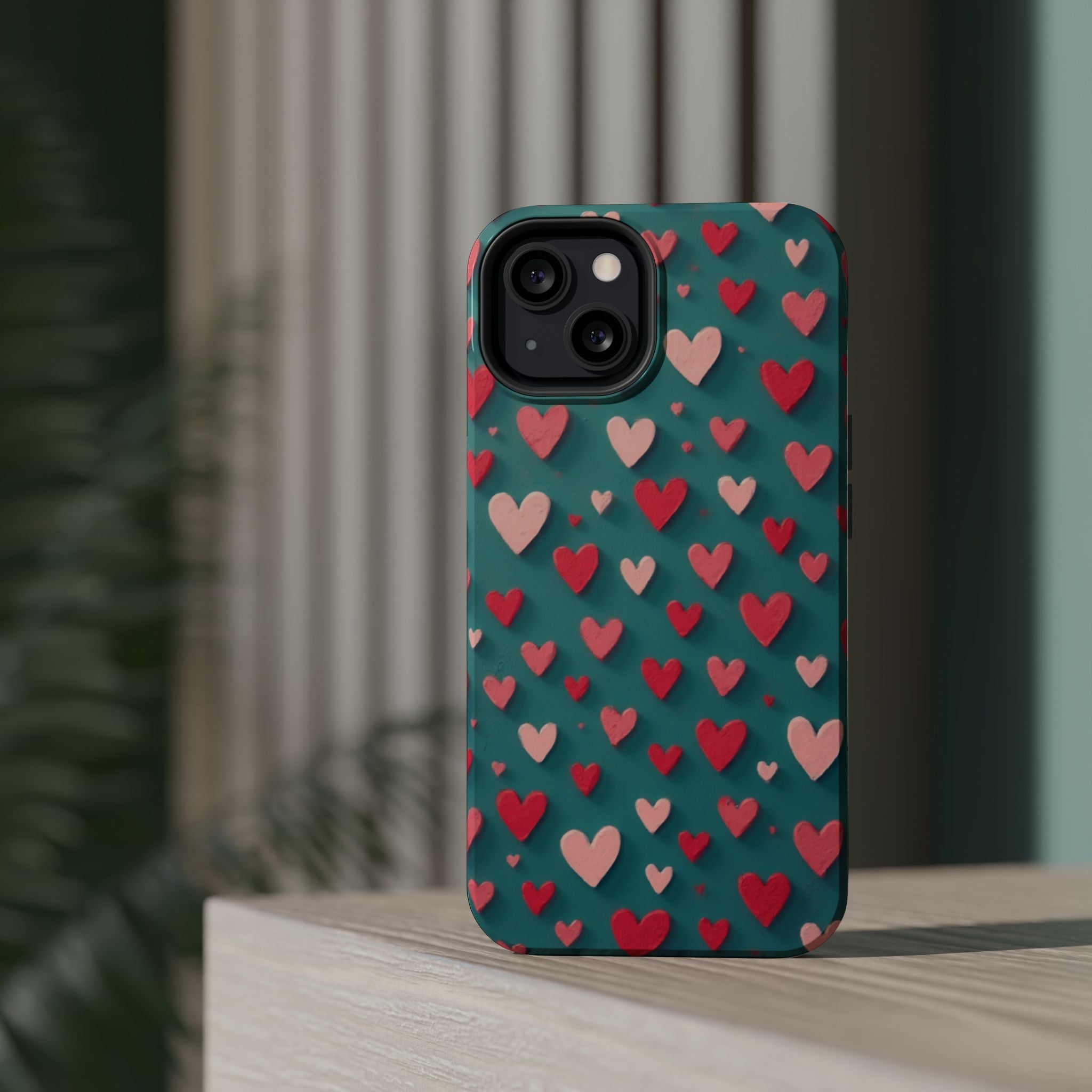 Magnetic Impact-Resistant Phone Case — Teal Love Hearts Pattern