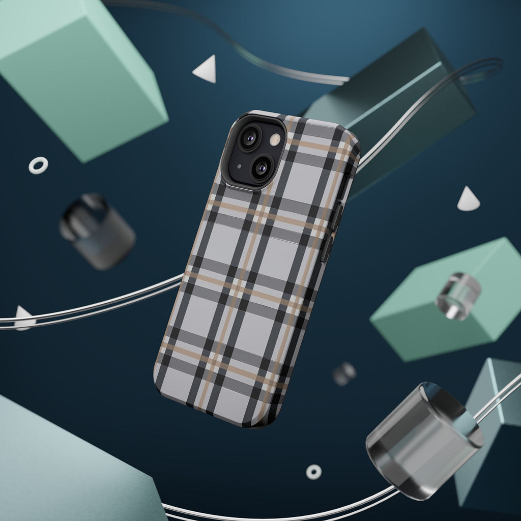 Plaid Magnetic Impact-Resistant Phone Case — Grey & Tan Classic Pattern