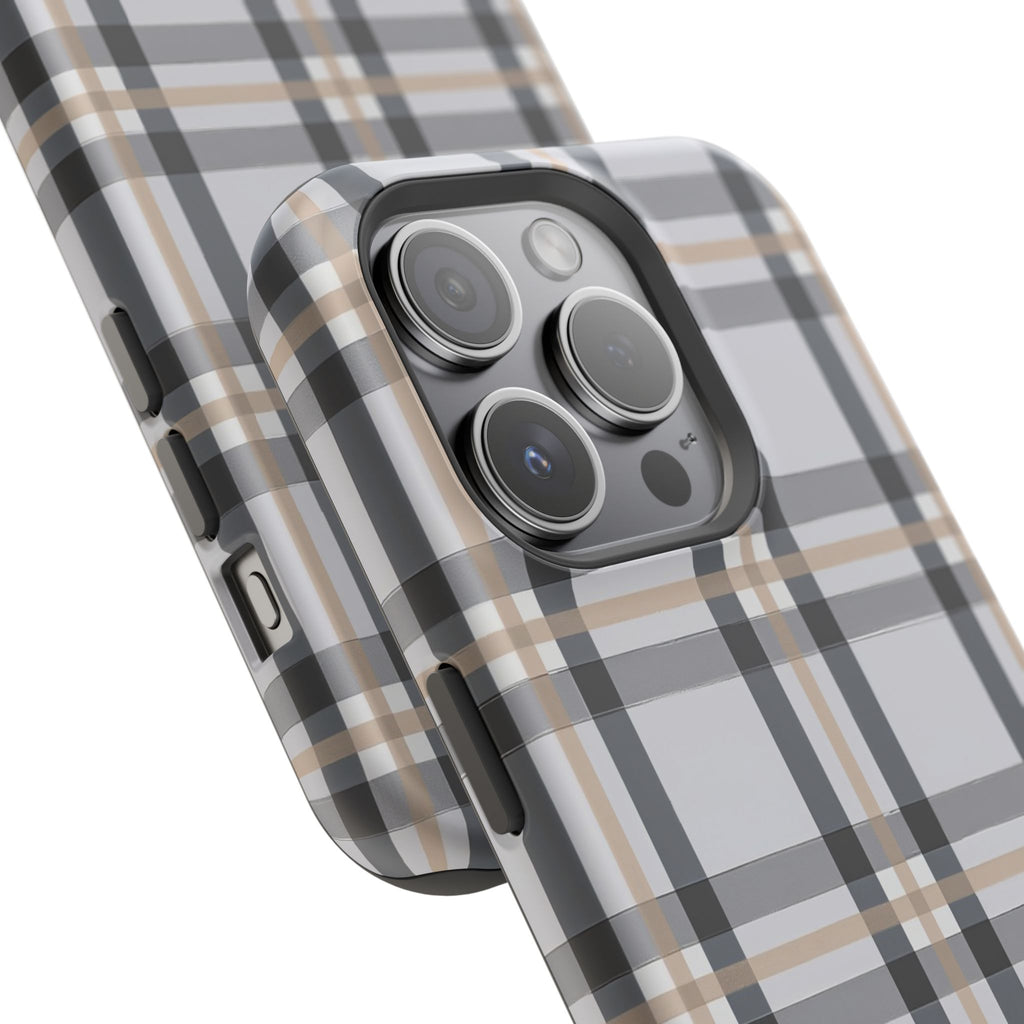Plaid Magnetic Impact-Resistant Phone Case — Grey & Tan Classic Pattern