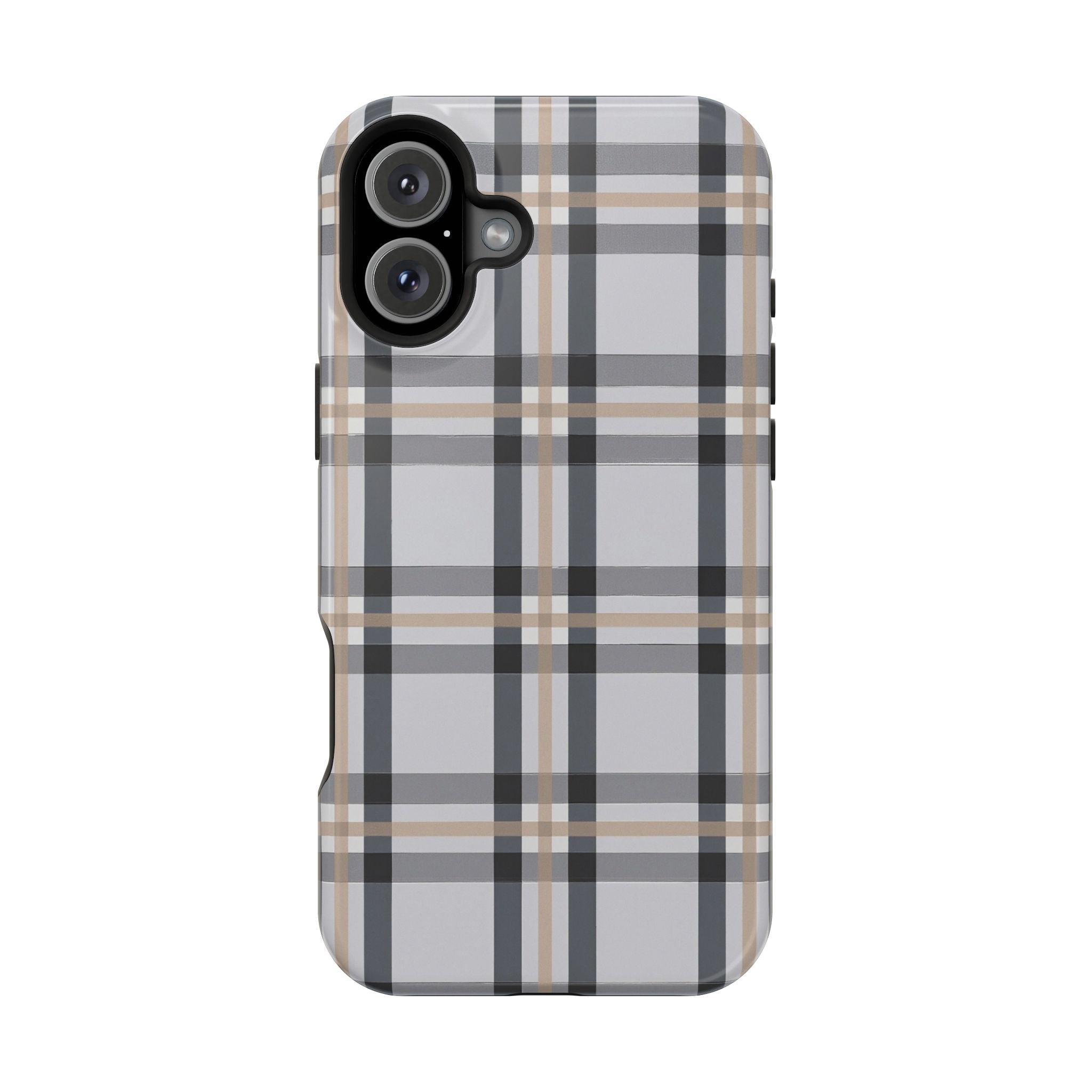 Plaid Magnetic Impact-Resistant Phone Case — Grey & Tan Classic Pattern
