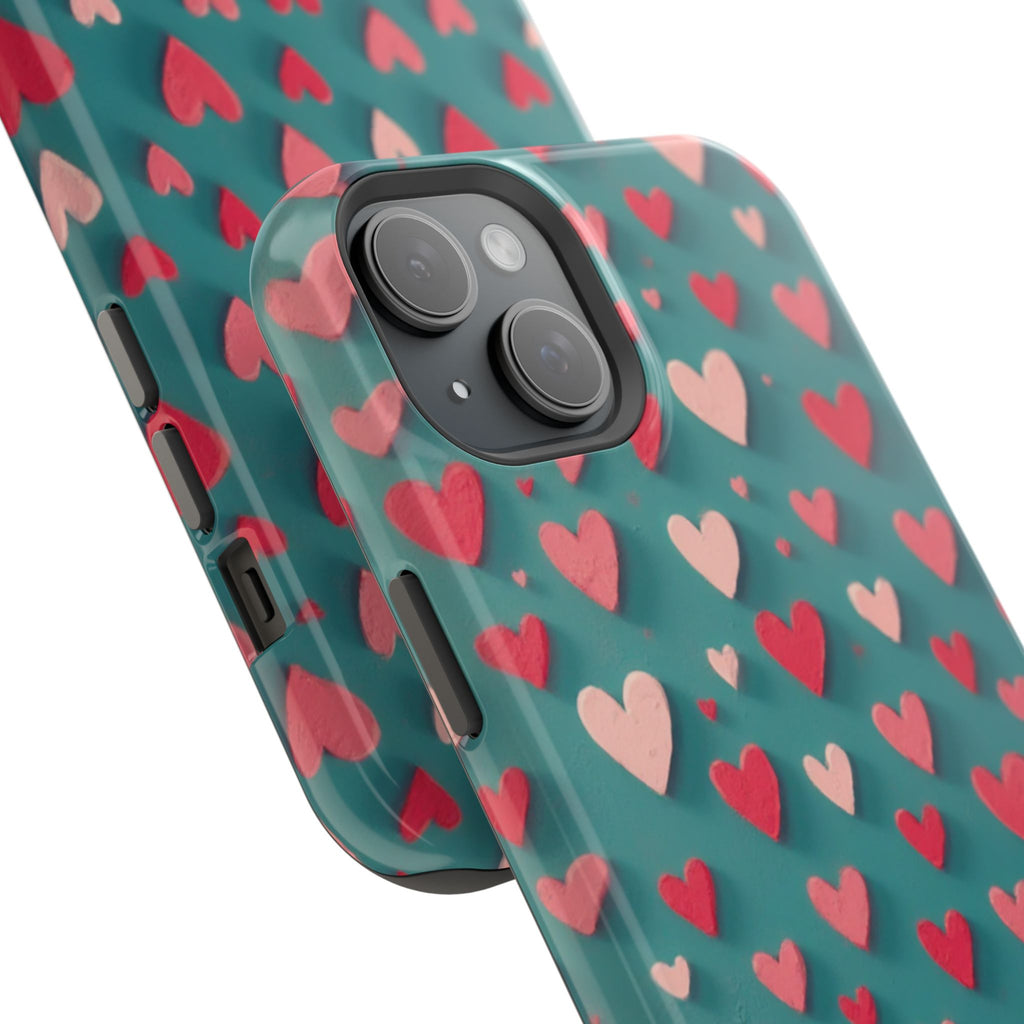 Magnetic Impact-Resistant Phone Case — Teal Love Hearts Pattern