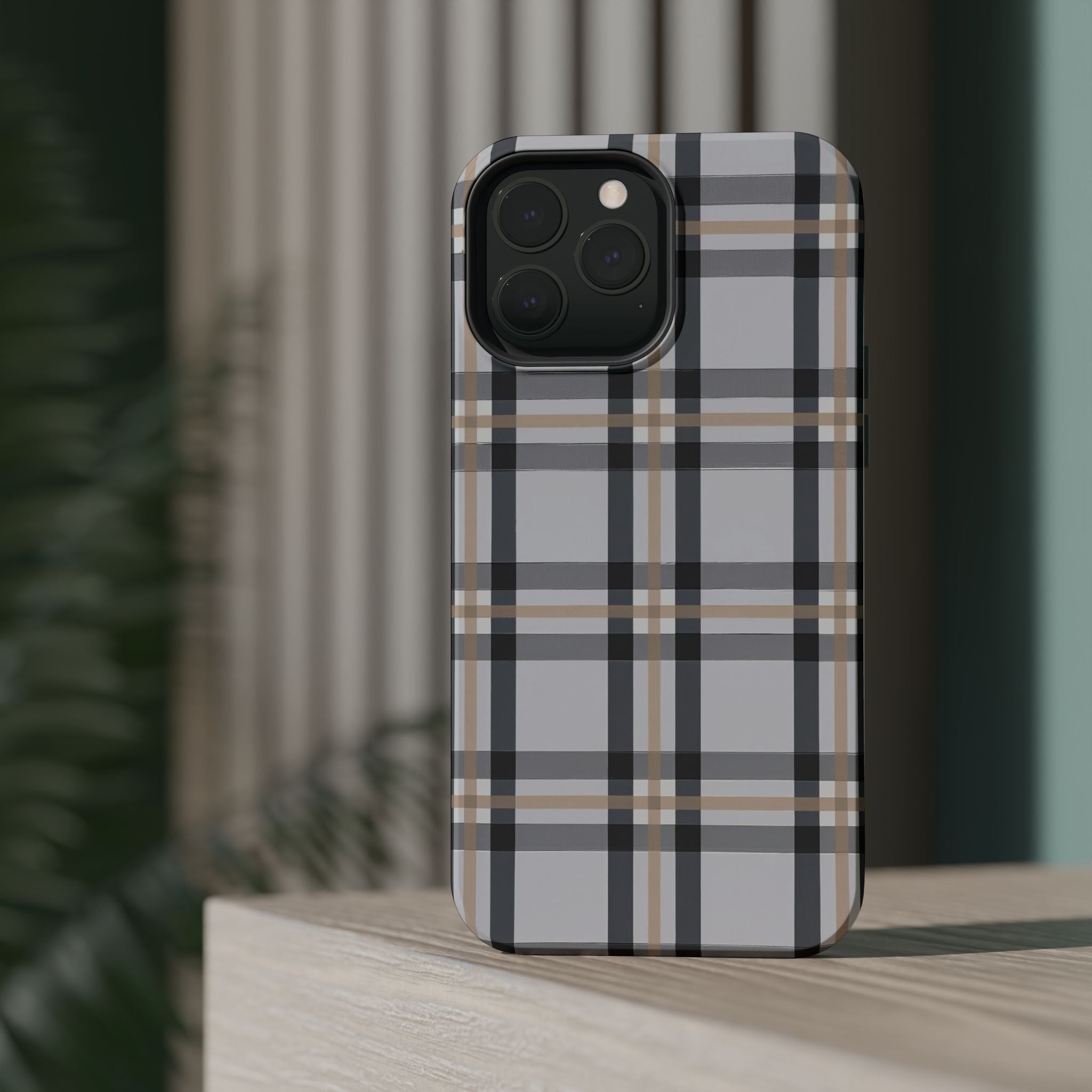 Plaid Magnetic Impact-Resistant Phone Case — Grey & Tan Classic Pattern