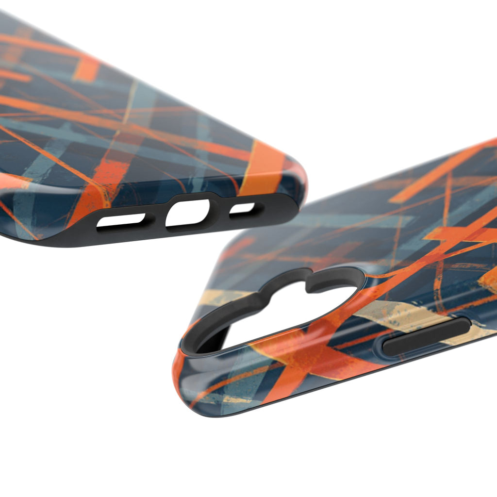 Magnetic Impact-Resistant Phone Case — Geometric Orange & Navy Plaid