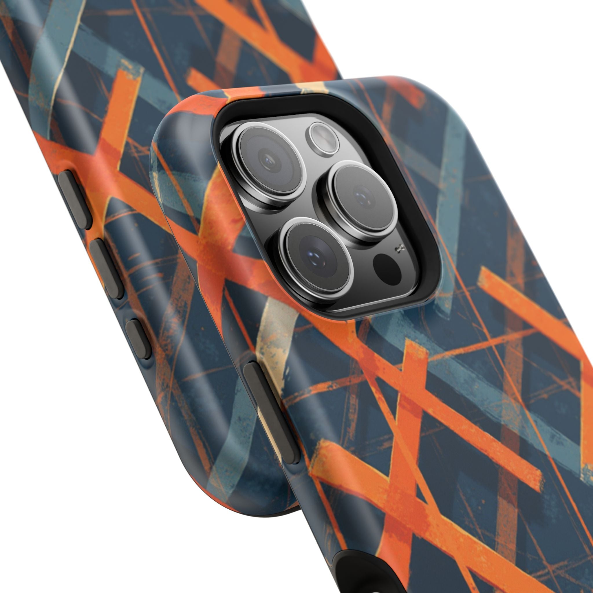 Magnetic Impact-Resistant Phone Case — Geometric Orange & Navy Plaid