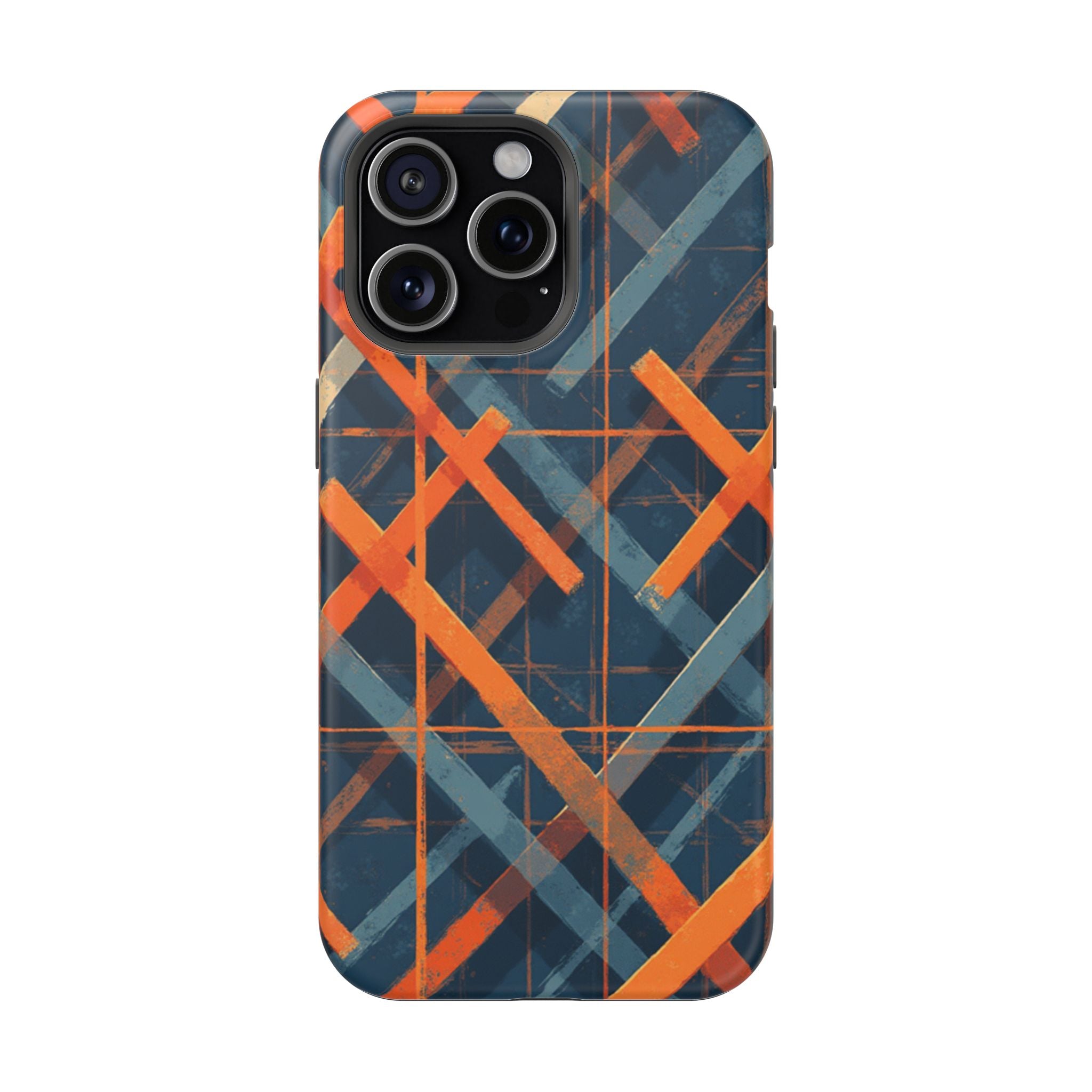 Magnetic Impact-Resistant Phone Case — Geometric Orange & Navy Plaid