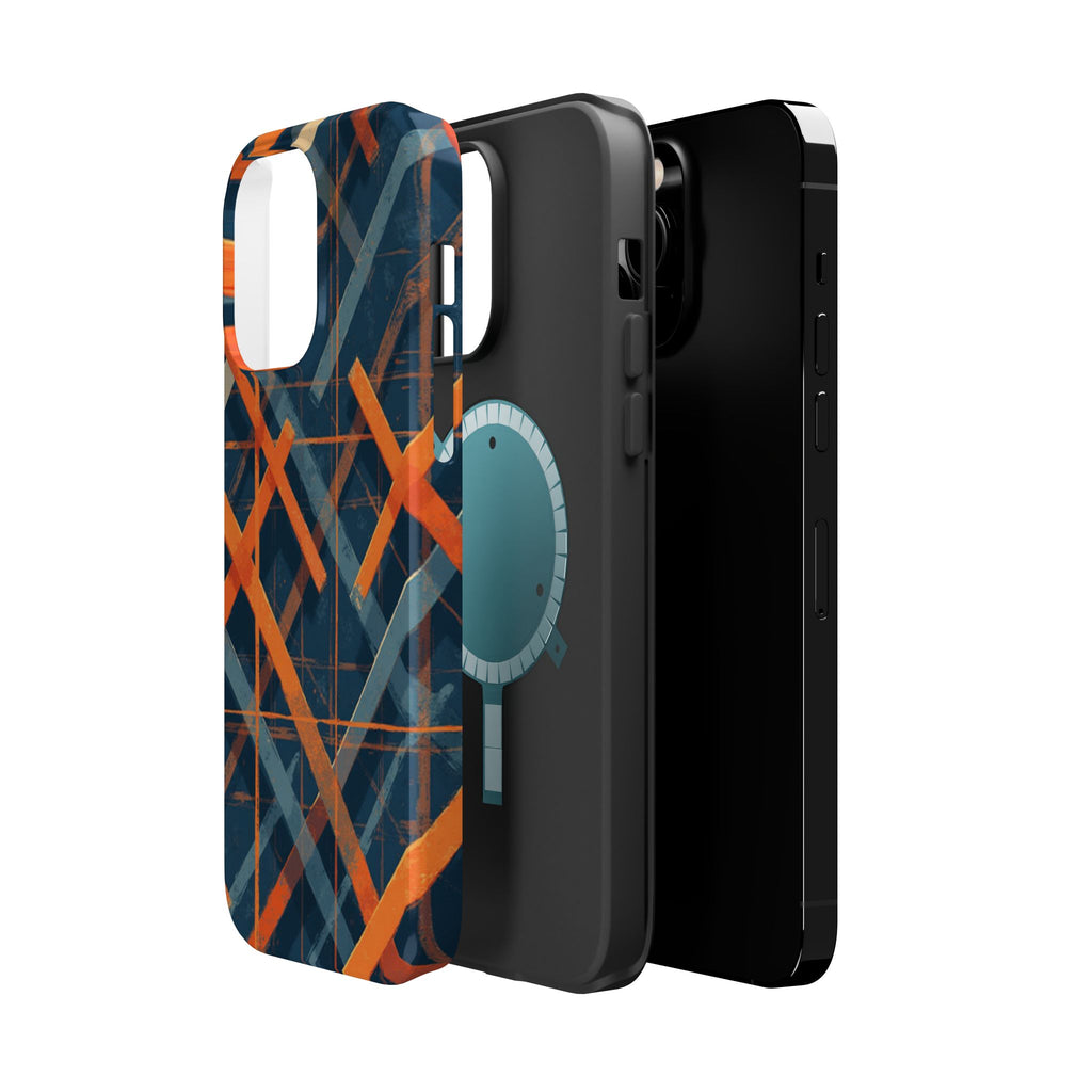 Magnetic Impact-Resistant Phone Case — Geometric Orange & Navy Plaid