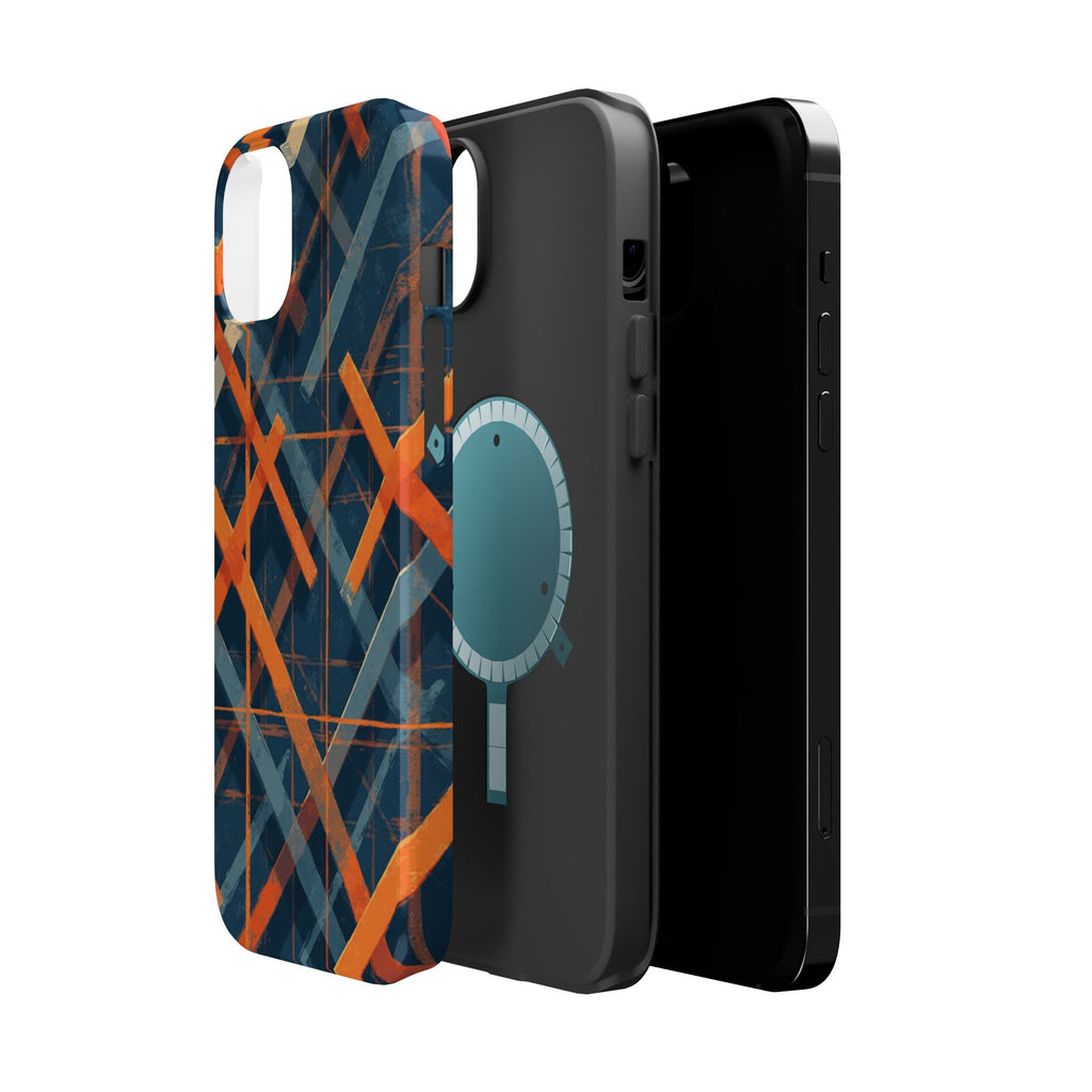 Magnetic Impact-Resistant Phone Case — Geometric Orange & Navy Plaid