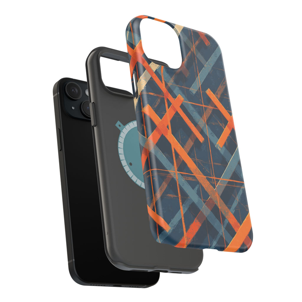 Magnetic Impact-Resistant Phone Case — Geometric Orange & Navy Plaid