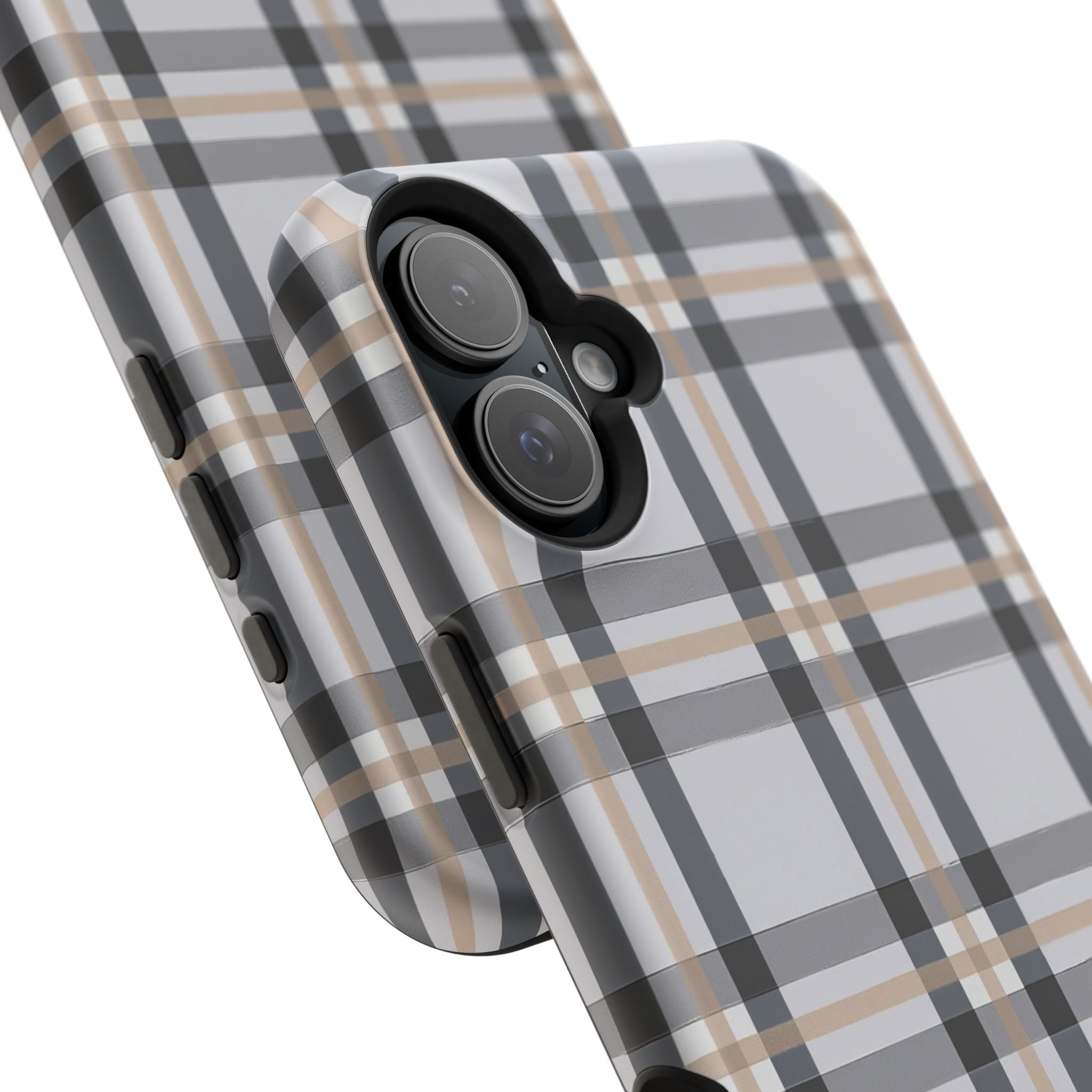 Plaid Magnetic Impact-Resistant Phone Case — Grey & Tan Classic Pattern