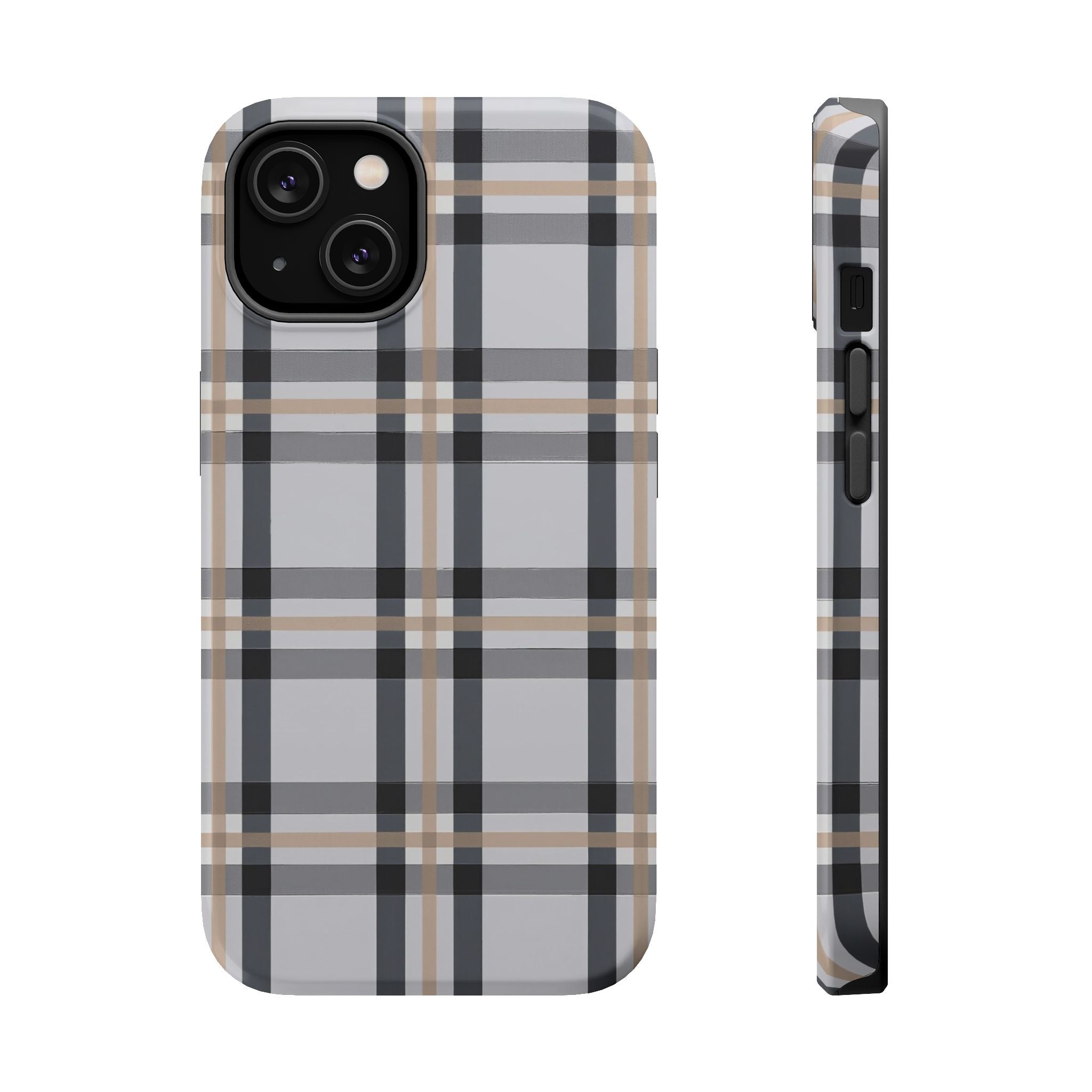 Plaid Magnetic Impact-Resistant Phone Case — Grey & Tan Classic Pattern