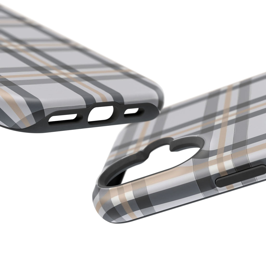 Plaid Magnetic Impact-Resistant Phone Case — Grey & Tan Classic Pattern