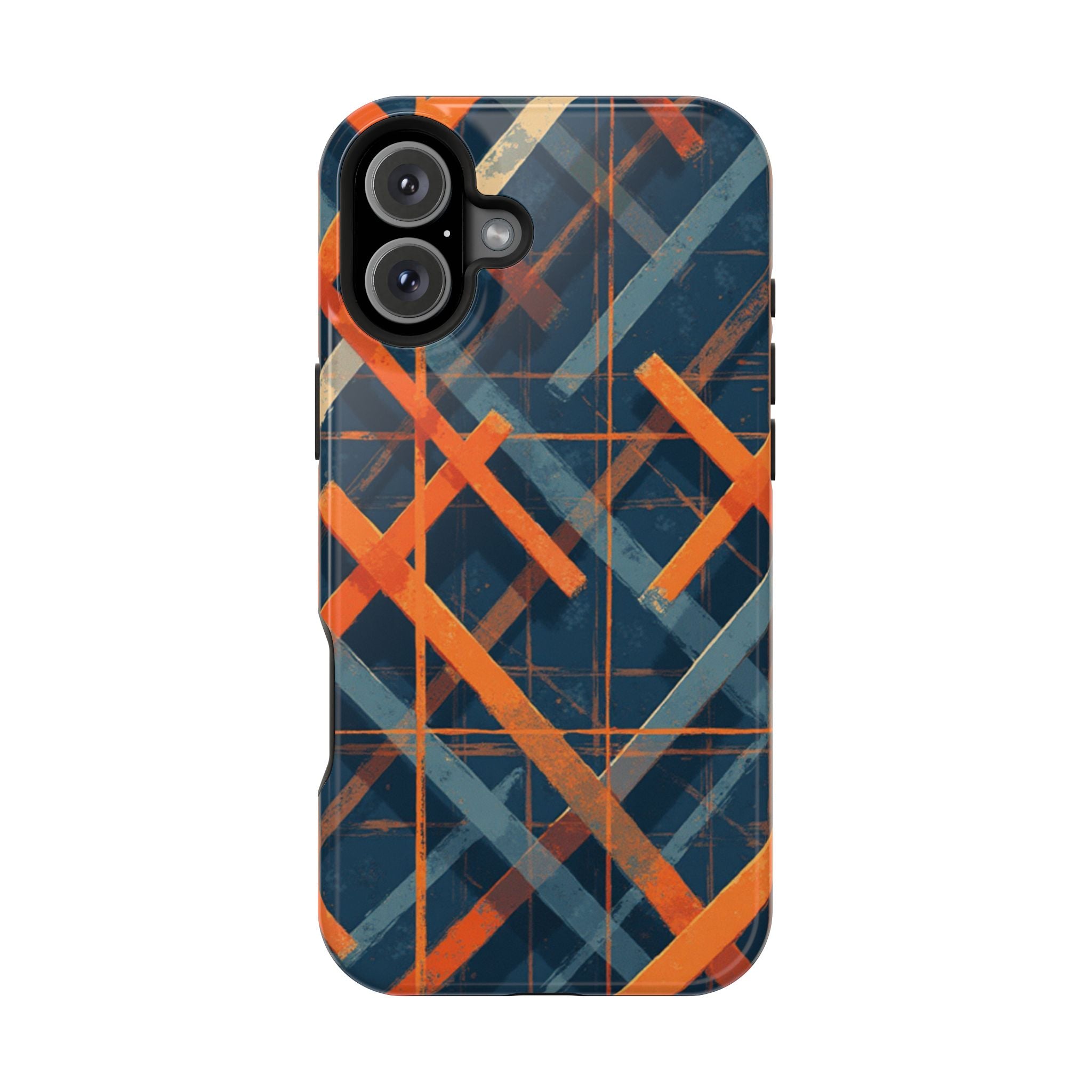Magnetic Impact-Resistant Phone Case — Geometric Orange & Navy Plaid