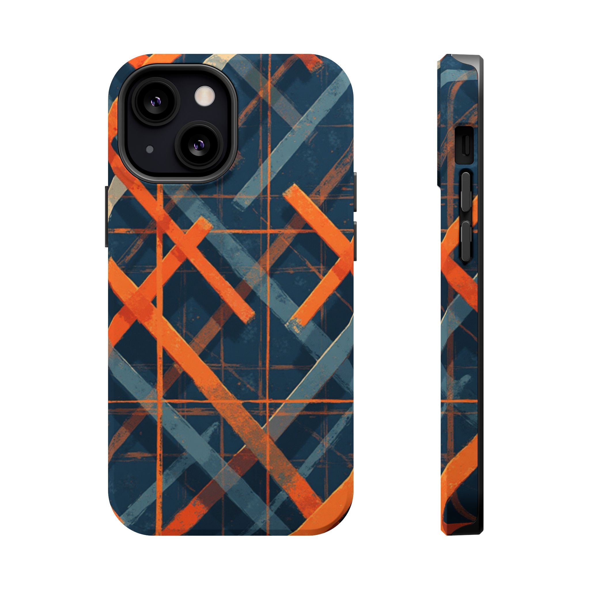 Magnetic Impact-Resistant Phone Case — Geometric Orange & Navy Plaid