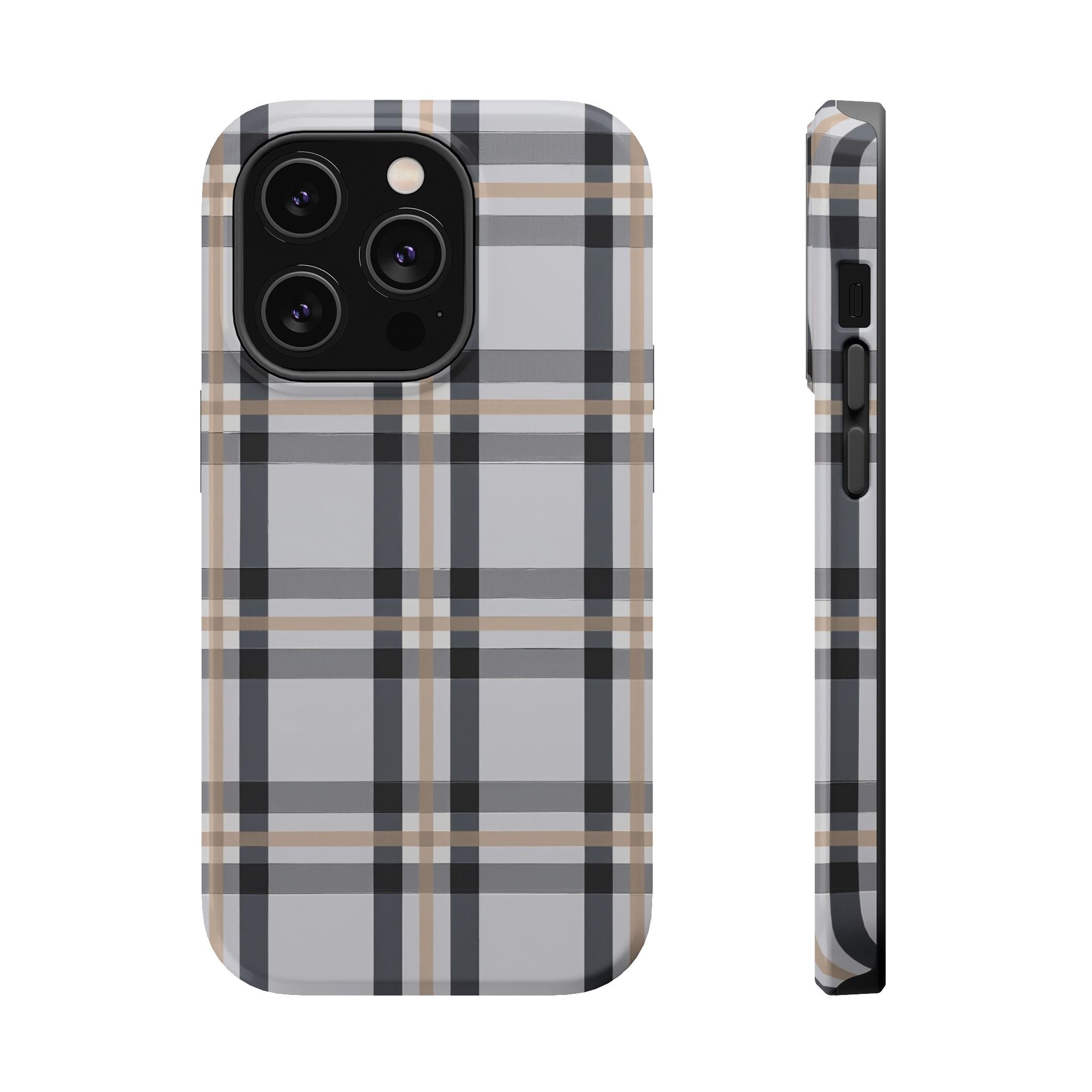 Plaid Magnetic Impact-Resistant Phone Case — Grey & Tan Classic Pattern