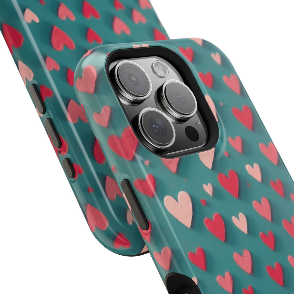Magnetic Impact-Resistant Phone Case — Teal Love Hearts Pattern