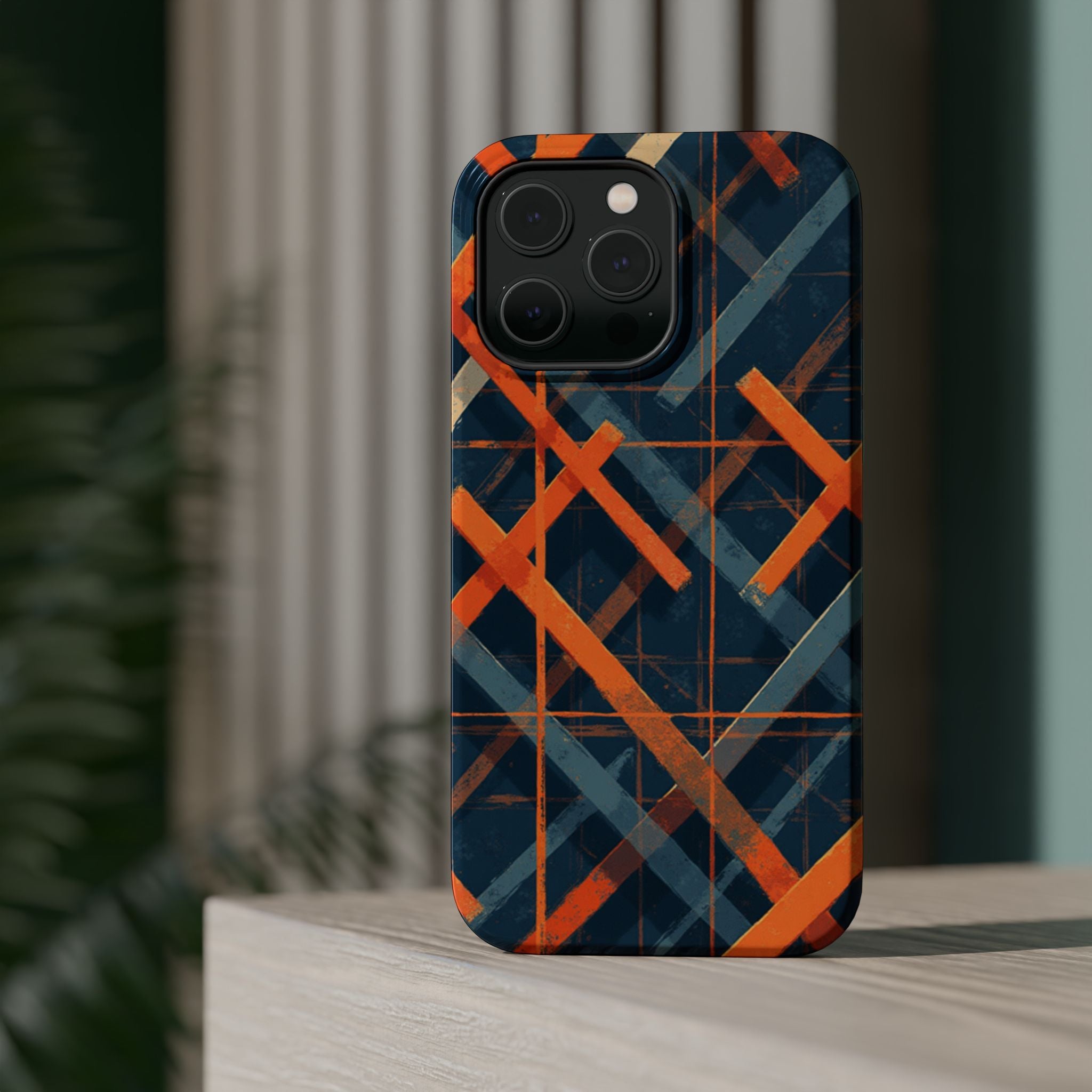 Magnetic Impact-Resistant Phone Case — Geometric Orange & Navy Plaid