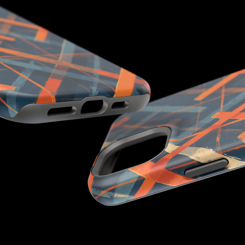 Magnetic Impact-Resistant Phone Case — Geometric Orange & Navy Plaid