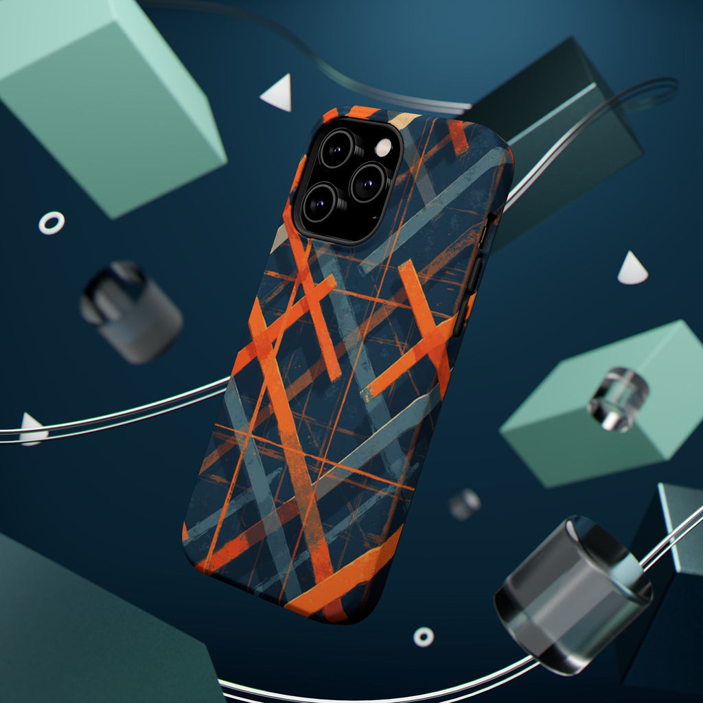 Magnetic Impact-Resistant Phone Case — Geometric Orange & Navy Plaid