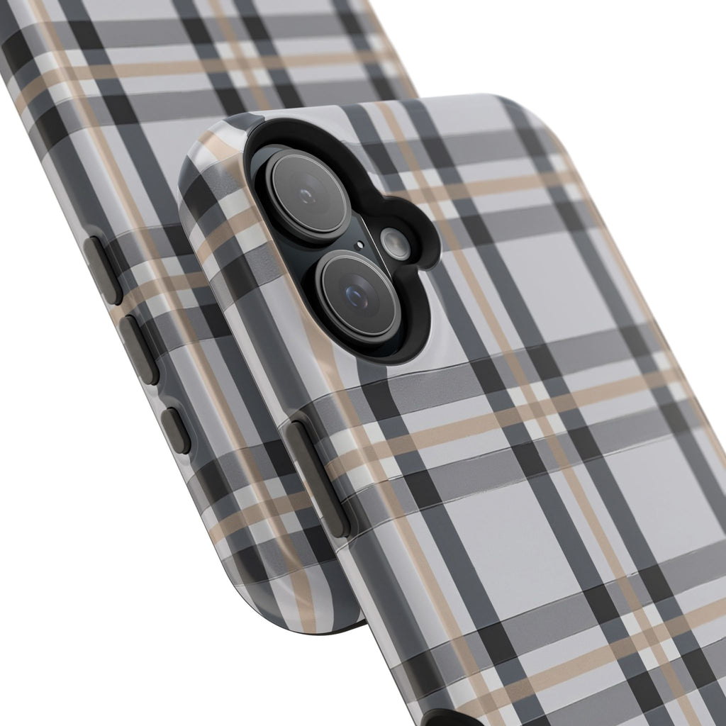 Plaid Magnetic Impact-Resistant Phone Case — Grey & Tan Classic Pattern